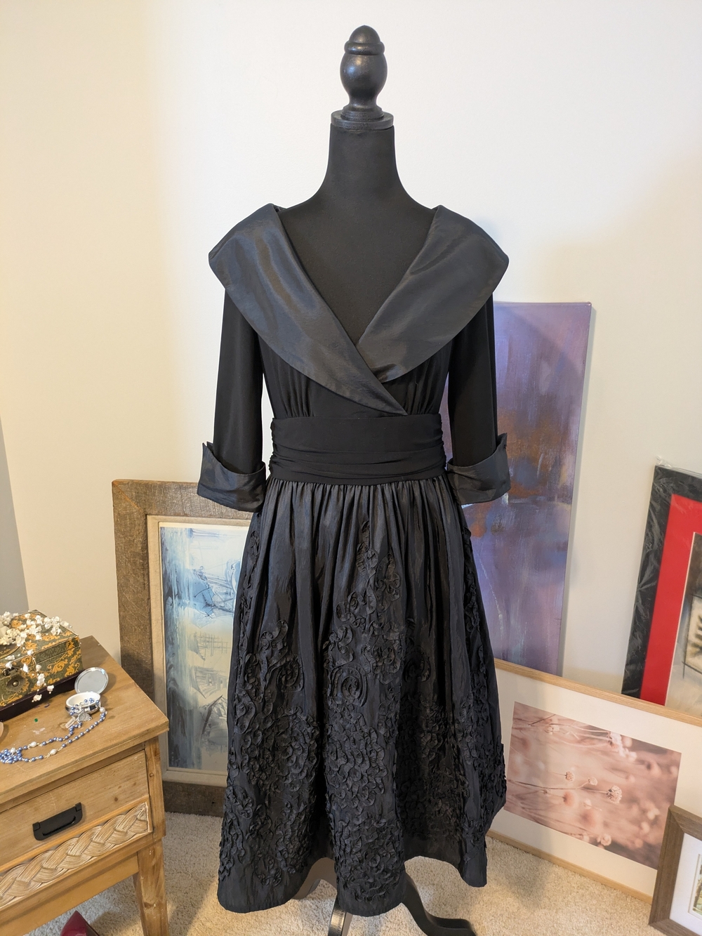 Jessica Howard Mixed Media Fit&Flare Midi Dress Size 8 Rosettes Taffeta Cuffs